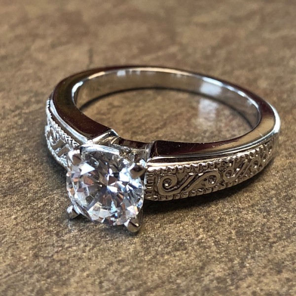 14K White Gold Solitaire Engagement Ring with Hand Engraving